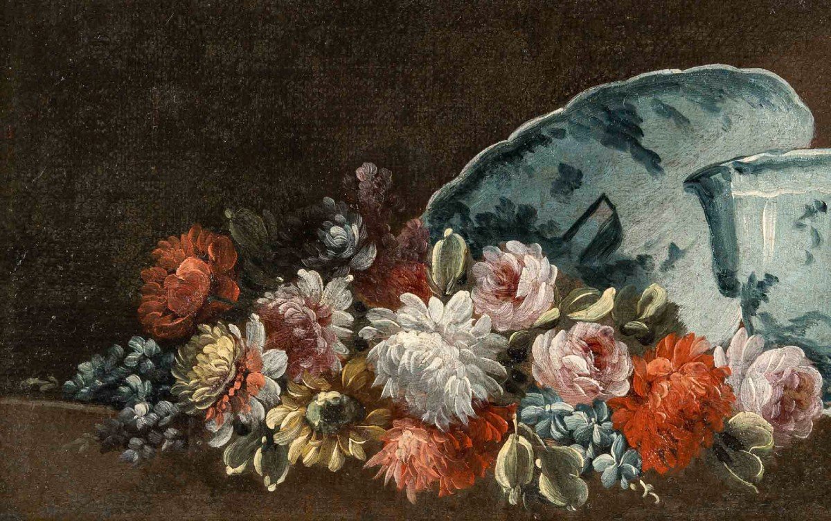 Gasparo LOPEZ (1650-1732) Paire De Natures Mortes Aux Fleurs Et Porcelaine-photo-5