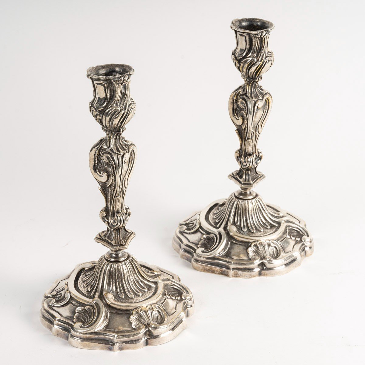 Pair Of Louis XV Style Candlesticks In Silver Plated Bronze-photo-1