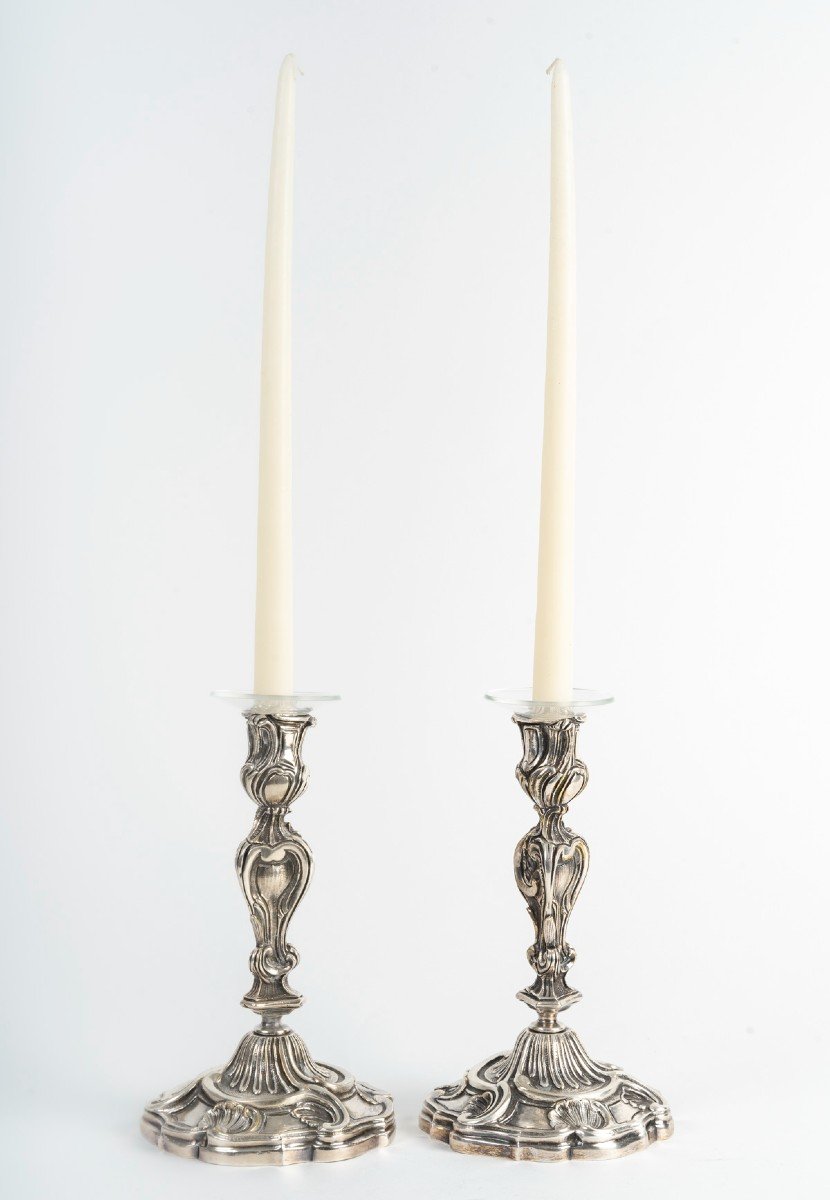 Pair Of Louis XV Style Candlesticks In Silver Plated Bronze-photo-2