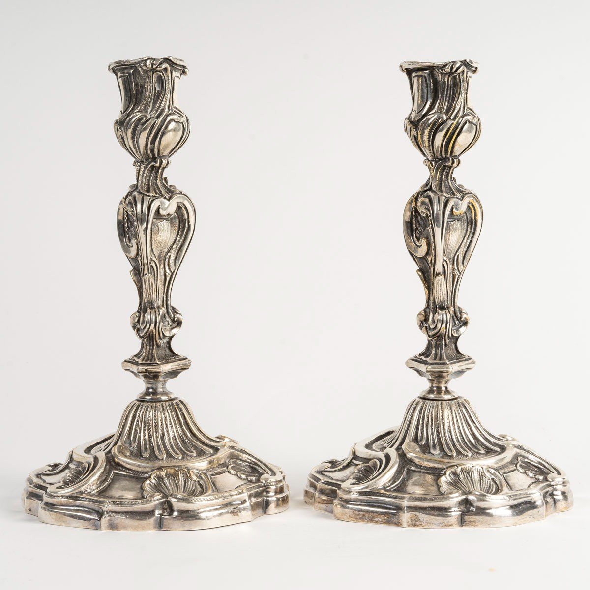 Pair Of Louis XV Style Candlesticks In Silver Plated Bronze-photo-3