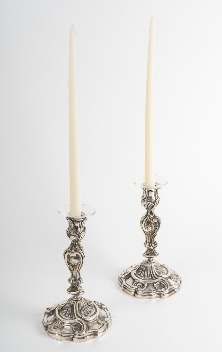 Pair Of Louis XV Style Candlesticks In Silver Plated Bronze