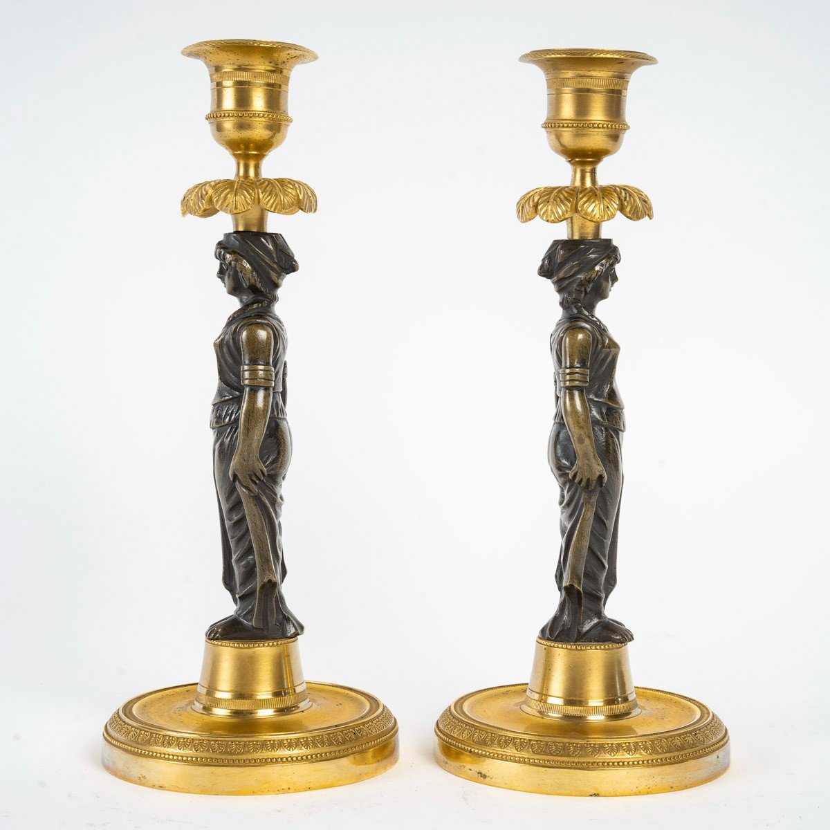 Pair Of Empire Style Gilded And Chiseled Bronze Candlesticks-photo-2