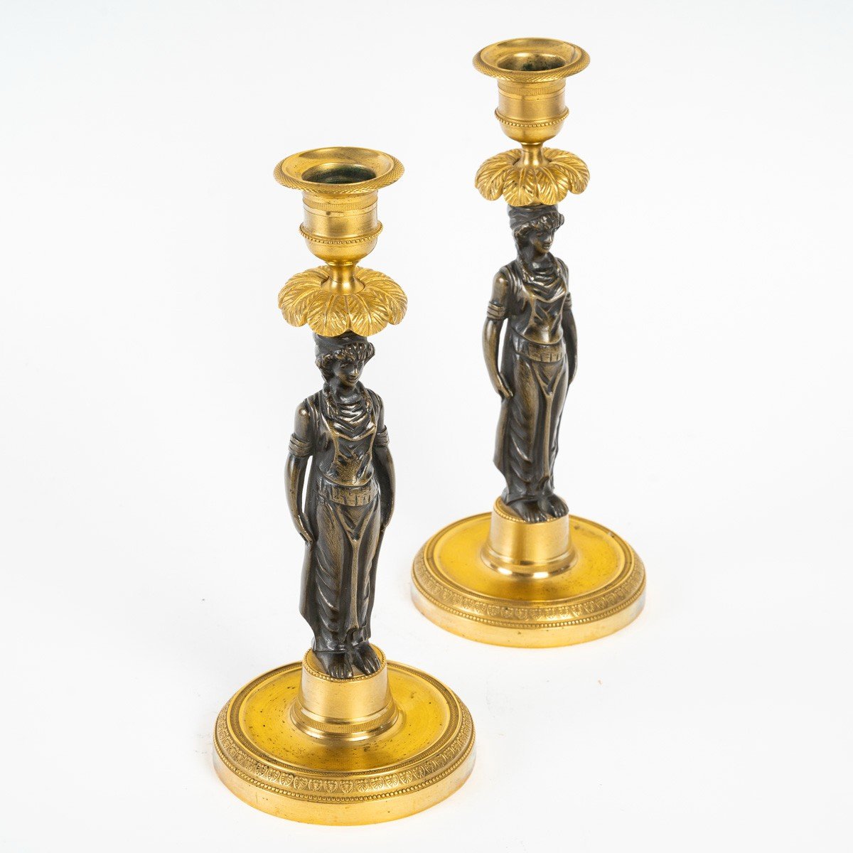 Pair Of Empire Style Gilded And Chiseled Bronze Candlesticks-photo-2