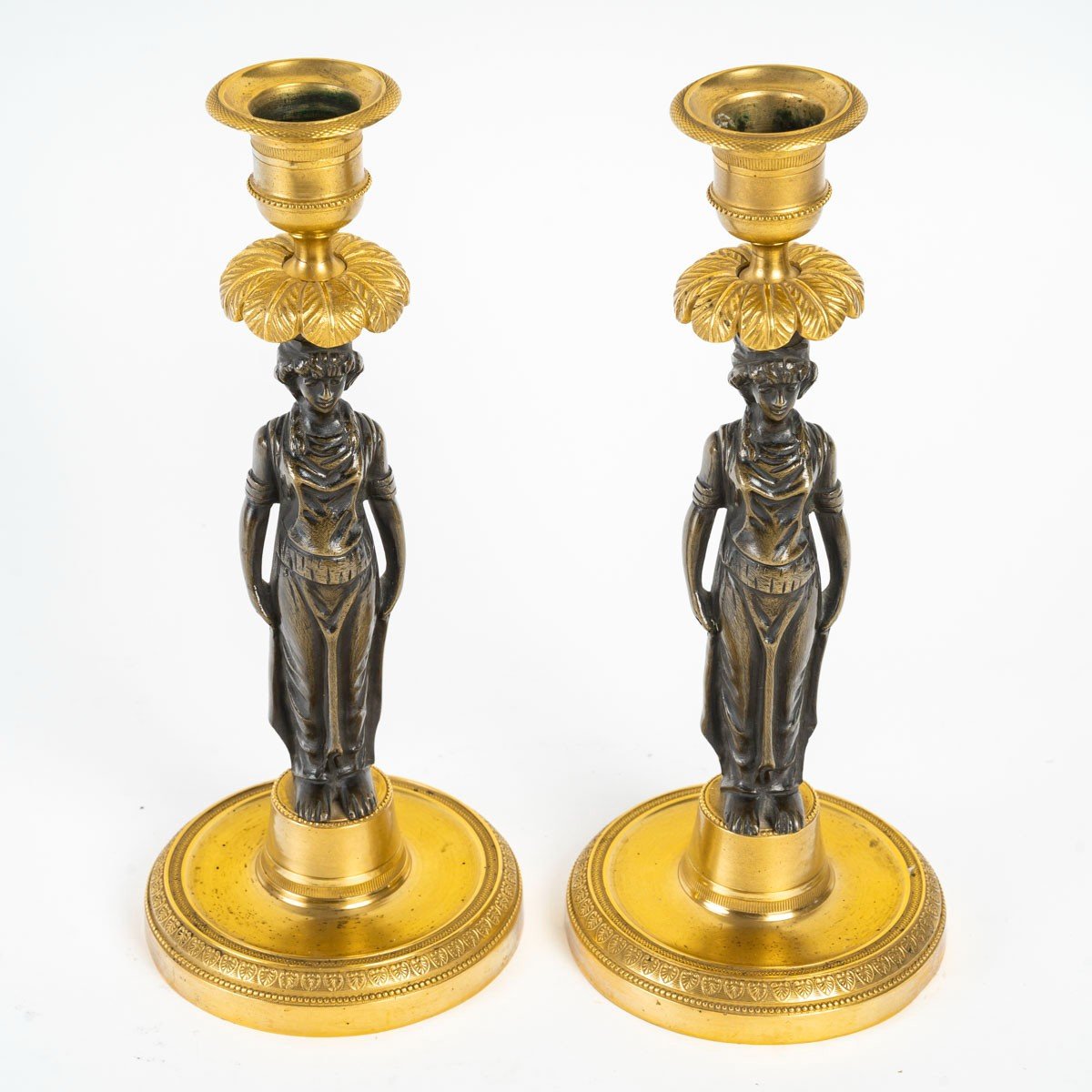 Pair Of Empire Style Gilded And Chiseled Bronze Candlesticks-photo-4