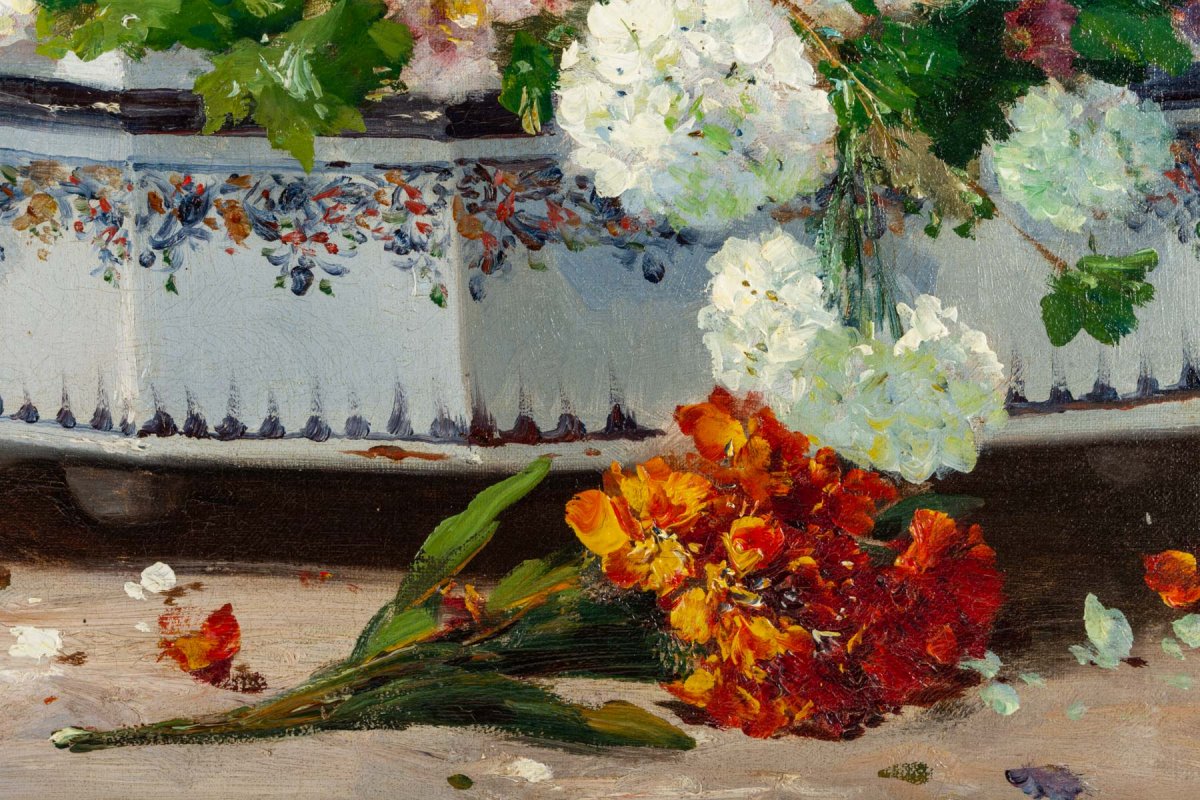 Charles Gilbert Martin 1830-1905.  Bouquet De Fleurs Dans Une Jardinière De Rouen.-photo-3