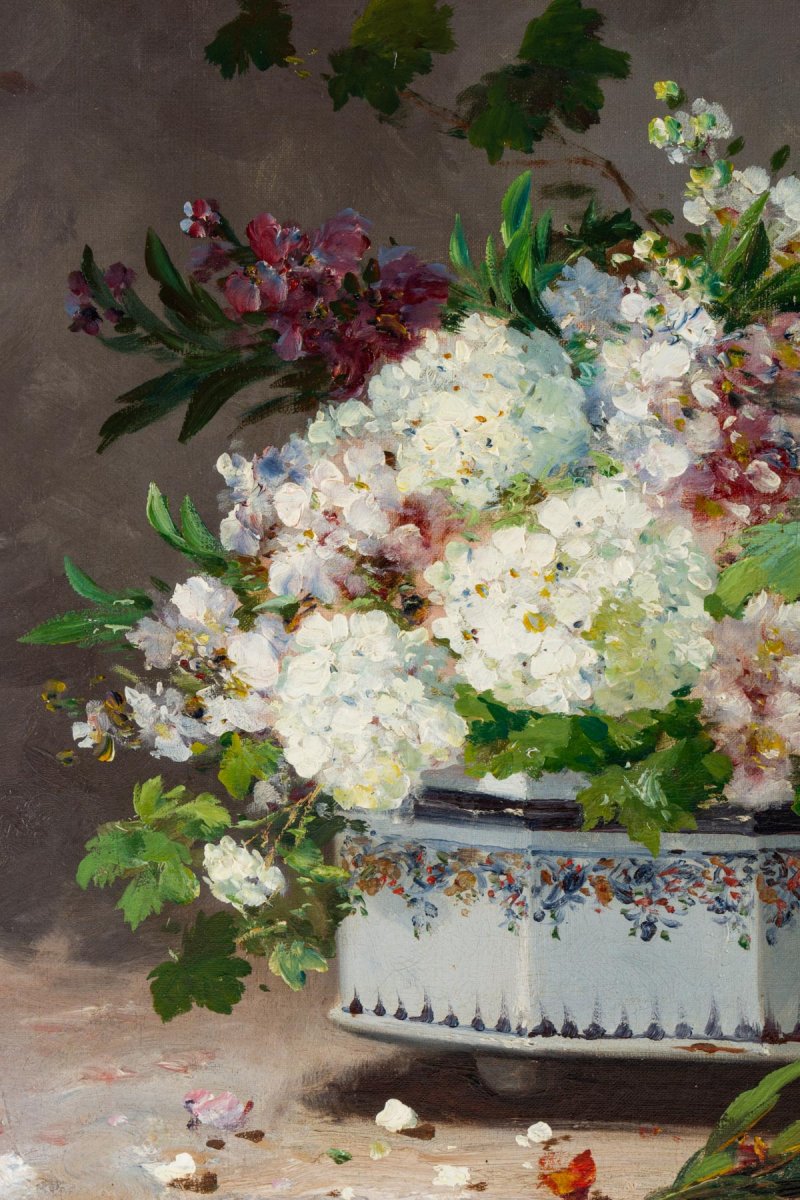 Charles Gilbert Martin 1830-1905.  Bouquet De Fleurs Dans Une Jardinière De Rouen.-photo-4