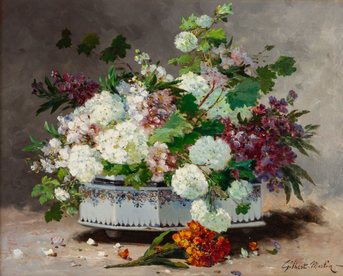 Charles Gilbert Martin 1830-1905.  Bouquet De Fleurs Dans Une Jardinière De Rouen.