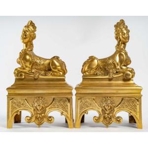 Pair Of Regency Style Andirons In Gilt Bronze. 19th Century.