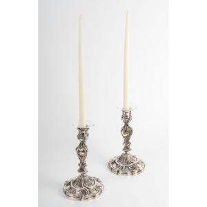 Pair Of Louis XV Style Candlesticks In Silver Plated Bronze