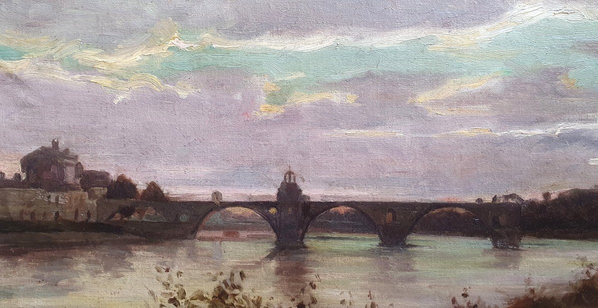 Olynthe Madrigali Le Pont d'Avignon  Huile Sur Toile Effet De Soir-photo-2