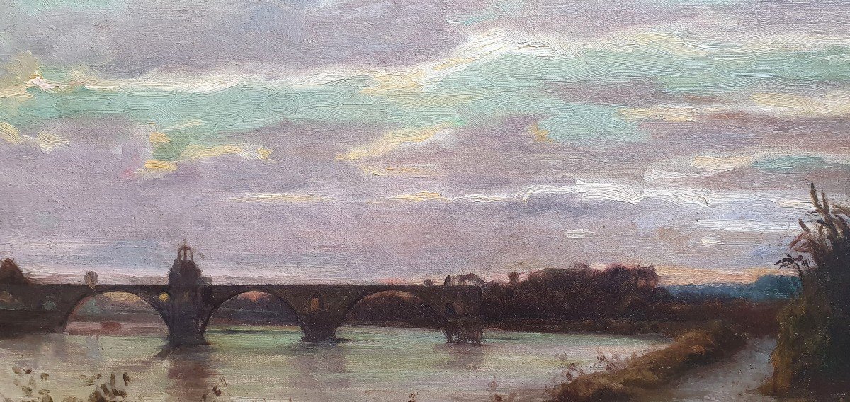 Olynthe Madrigali Le Pont d'Avignon  Huile Sur Toile Effet De Soir-photo-4