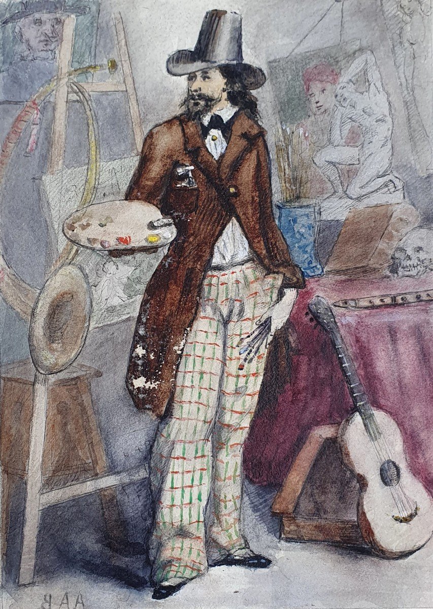 Portrait De Peintre Dans Son Atelier Paire d'Aquarelles XIXème Siècle Vanité-photo-2