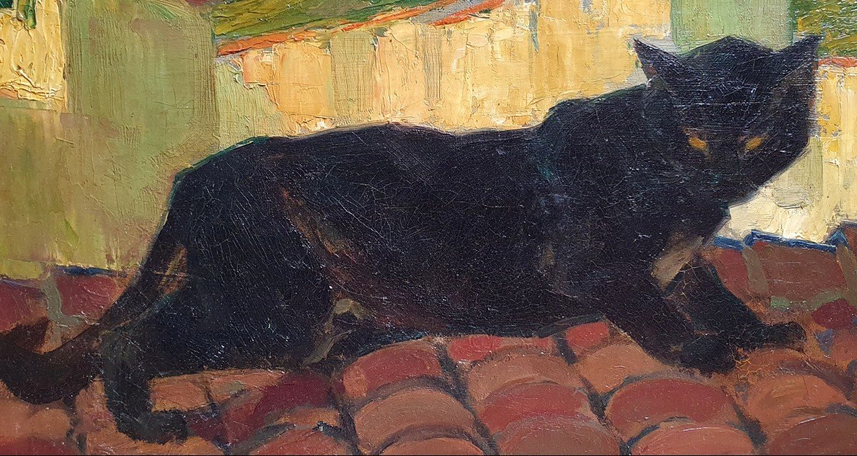 Henri Deluermoz The Black Cat On A Roof Oil On Canvas-photo-2