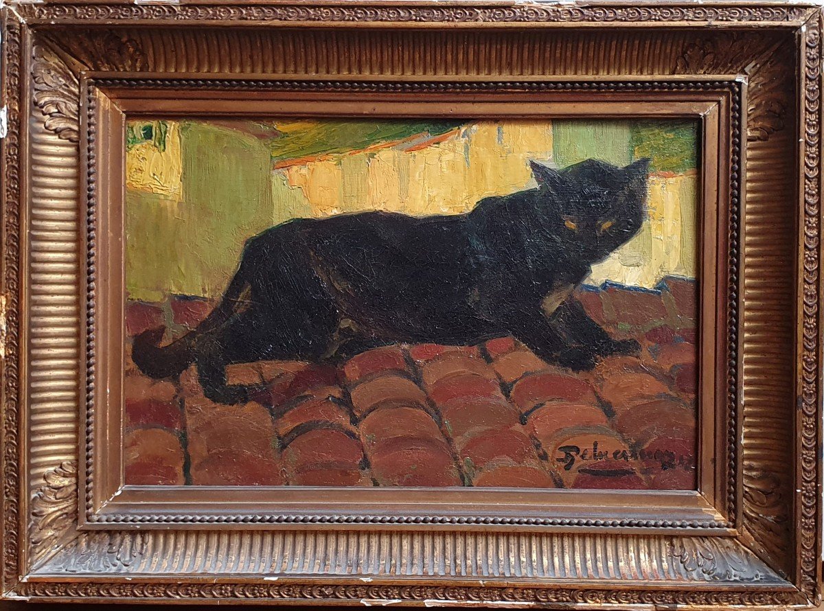 Henri Deluermoz The Black Cat On A Roof Oil On Canvas-photo-3