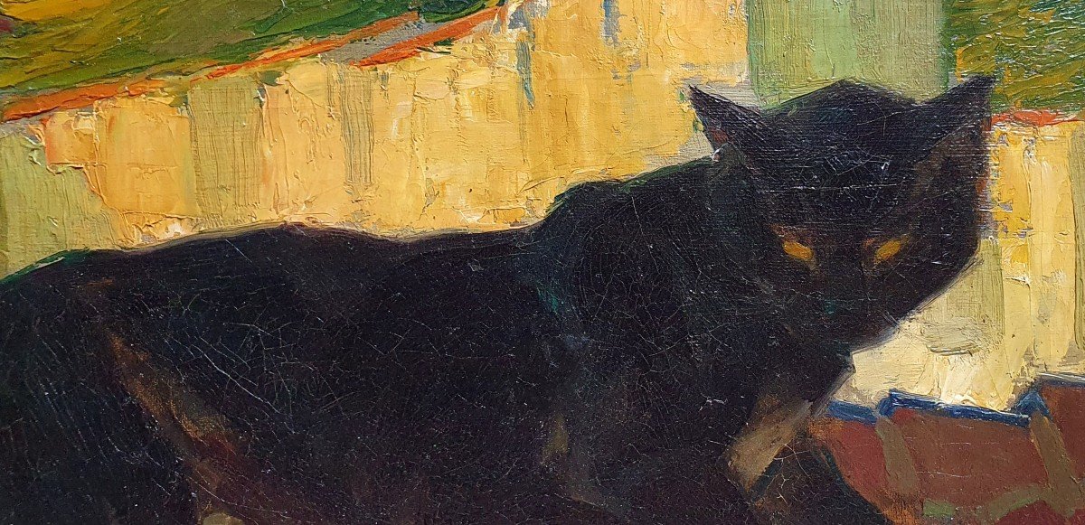 Henri Deluermoz The Black Cat On A Roof Oil On Canvas-photo-4