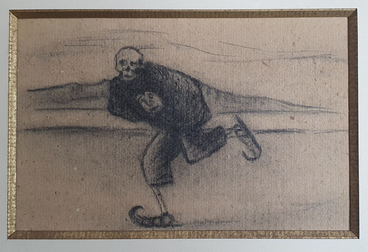 Death Skating Attributed To Hugo Simberg Charcoal On Skeleton Paper-photo-3