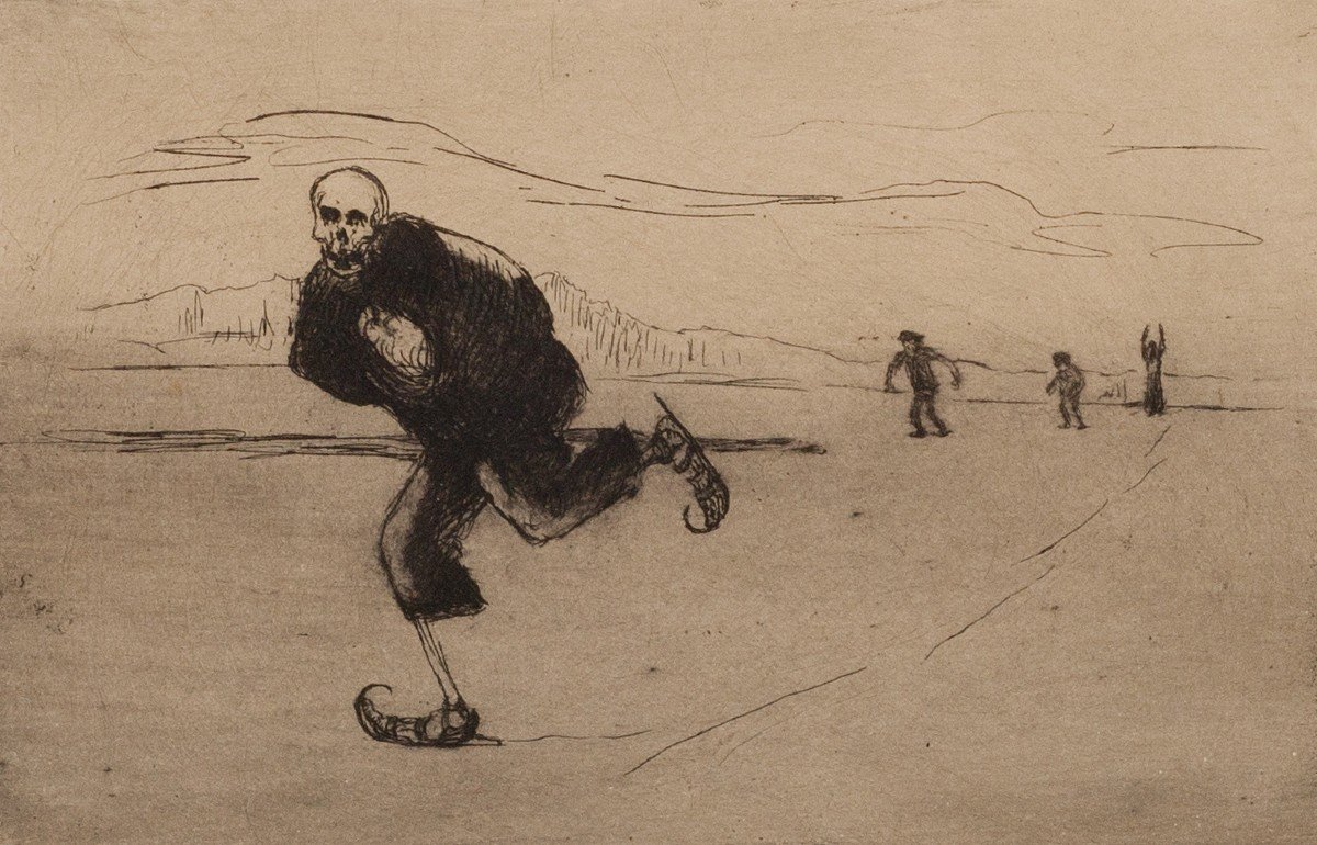 Death Skating Attributed To Hugo Simberg Charcoal On Skeleton Paper-photo-1