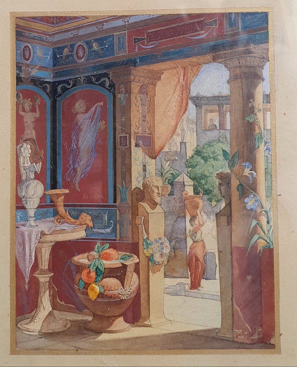 Vue d'Un Intérieur à Pompéi Entourage De Félix Duban Aquarelle Italie-photo-2