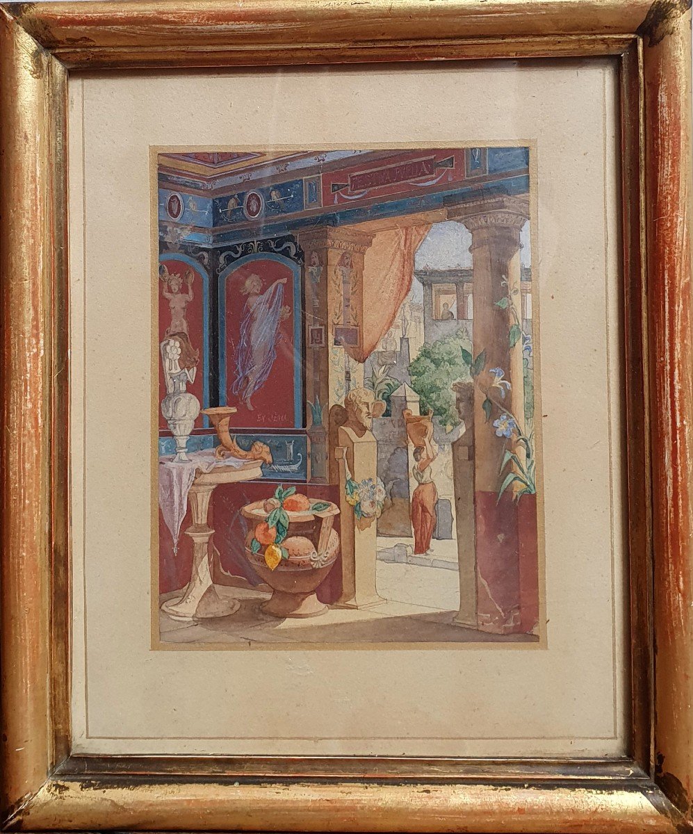 Vue d'Un Intérieur à Pompéi Entourage De Félix Duban Aquarelle Italie-photo-3