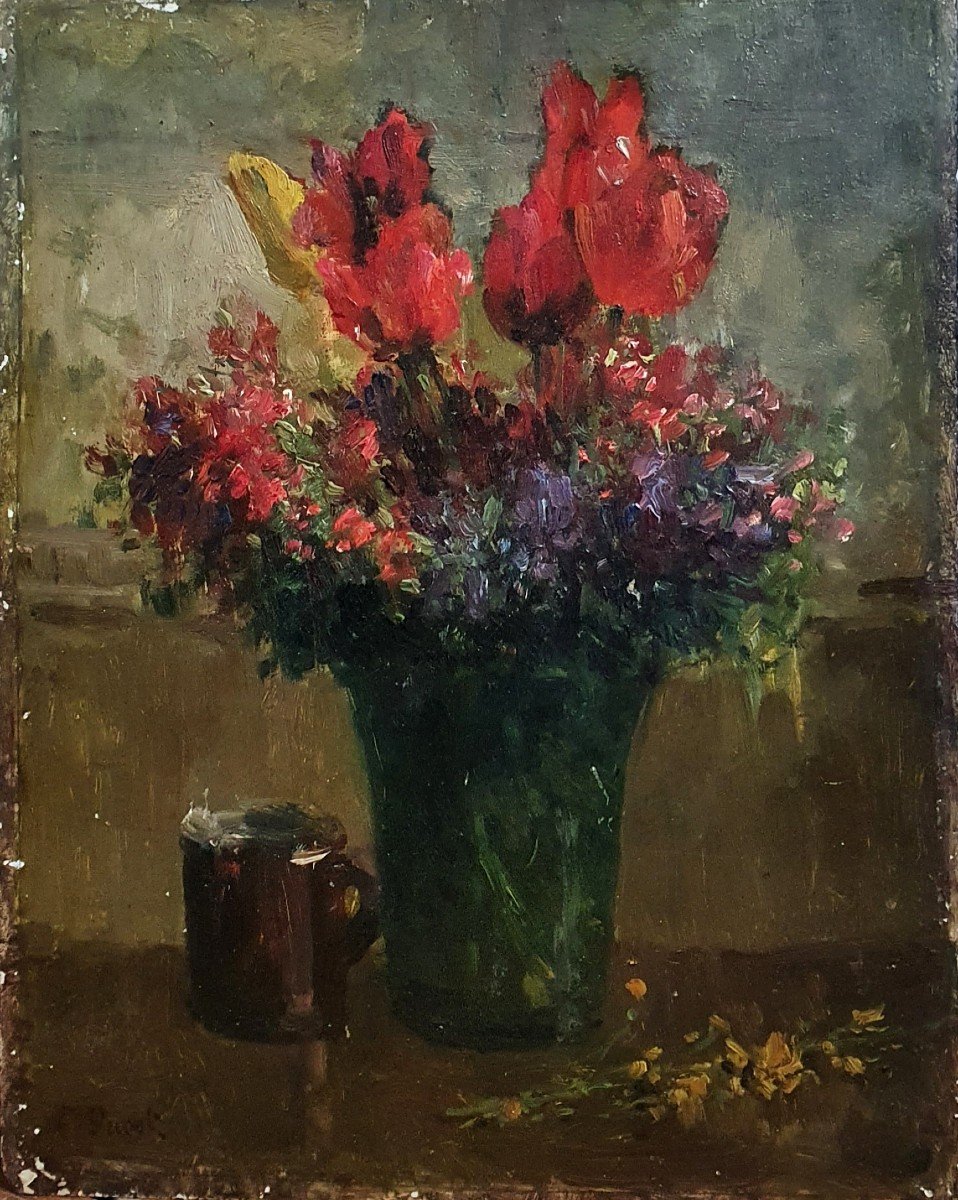 Ernest Quost Nature Morte Aux Fleurs Huile Sur Panneau Impressionnisme 