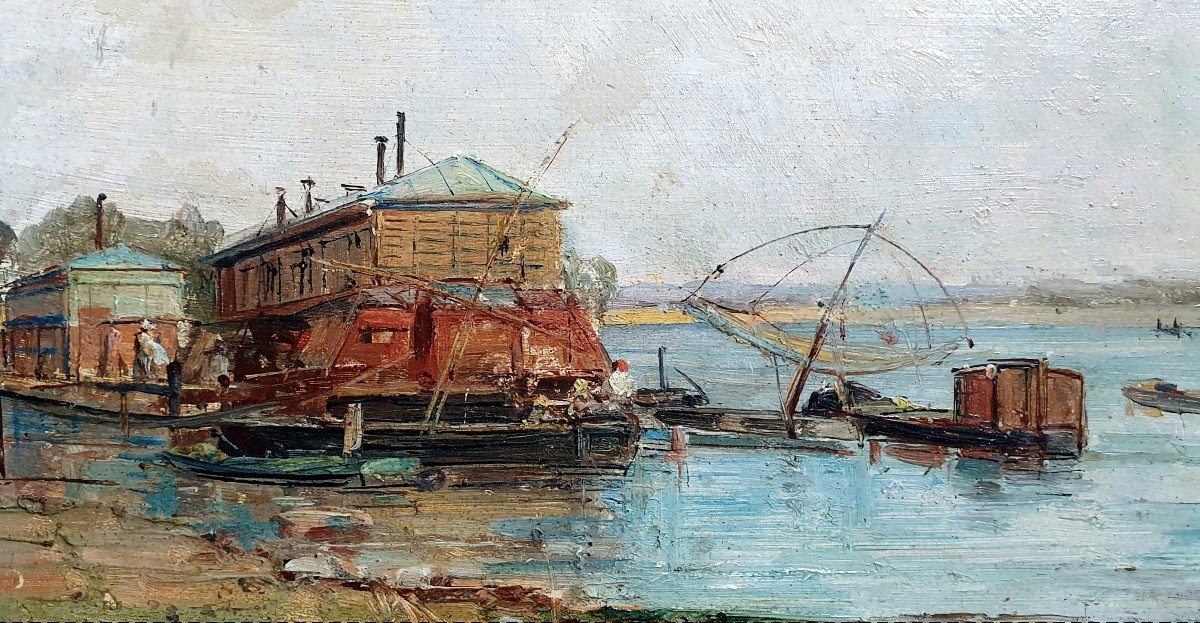 Gustave Mascart Laundry Boat On The Edge Of The Seine Oil On Panel Nineteenth-photo-3