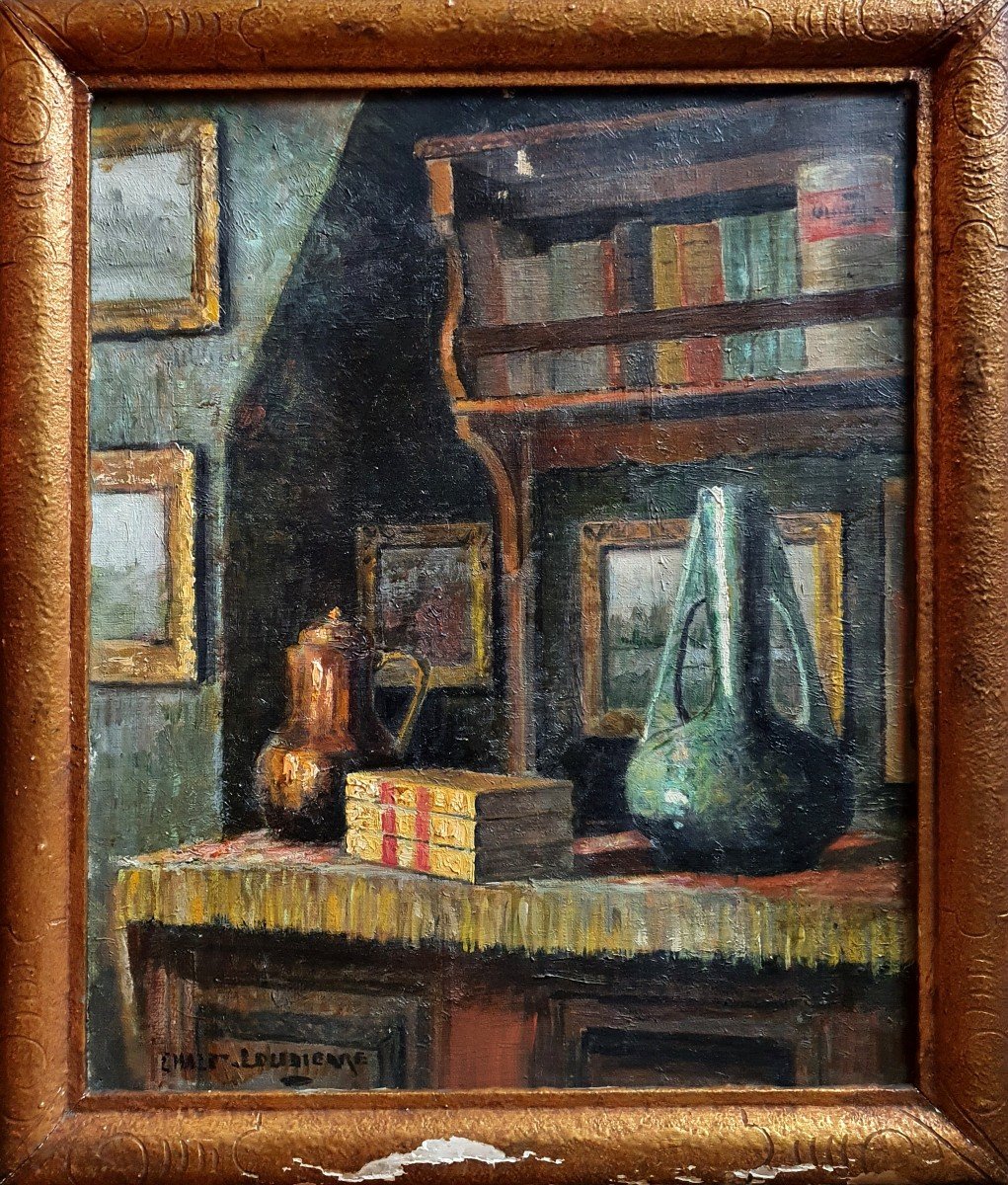 Still Life Interior Of A Ceramic Living Room Books Paintings Oil On Canvas Signed-photo-2