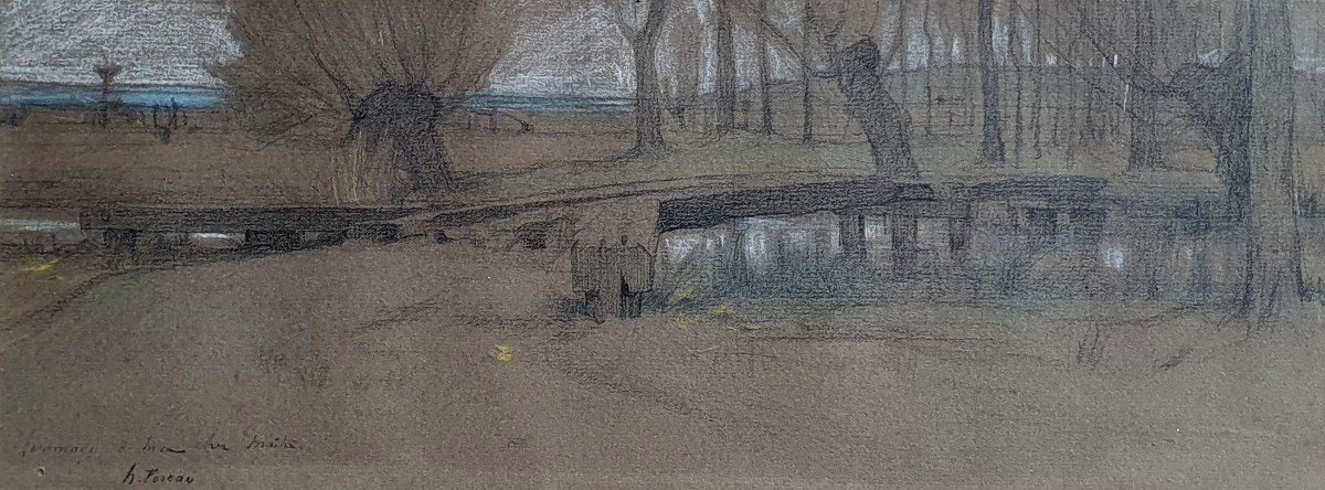 Henri Foreau Paysage à l'étang Hommage à Henri Joseph Harpignies dessin crayon 