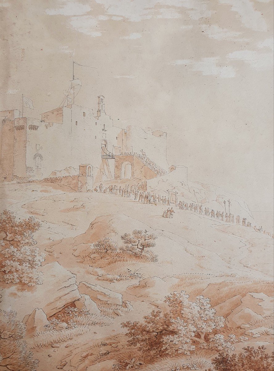 Constant Bourgeois Du Castelet Procession Scene Castle Italy Mediterranean Drawing-photo-3