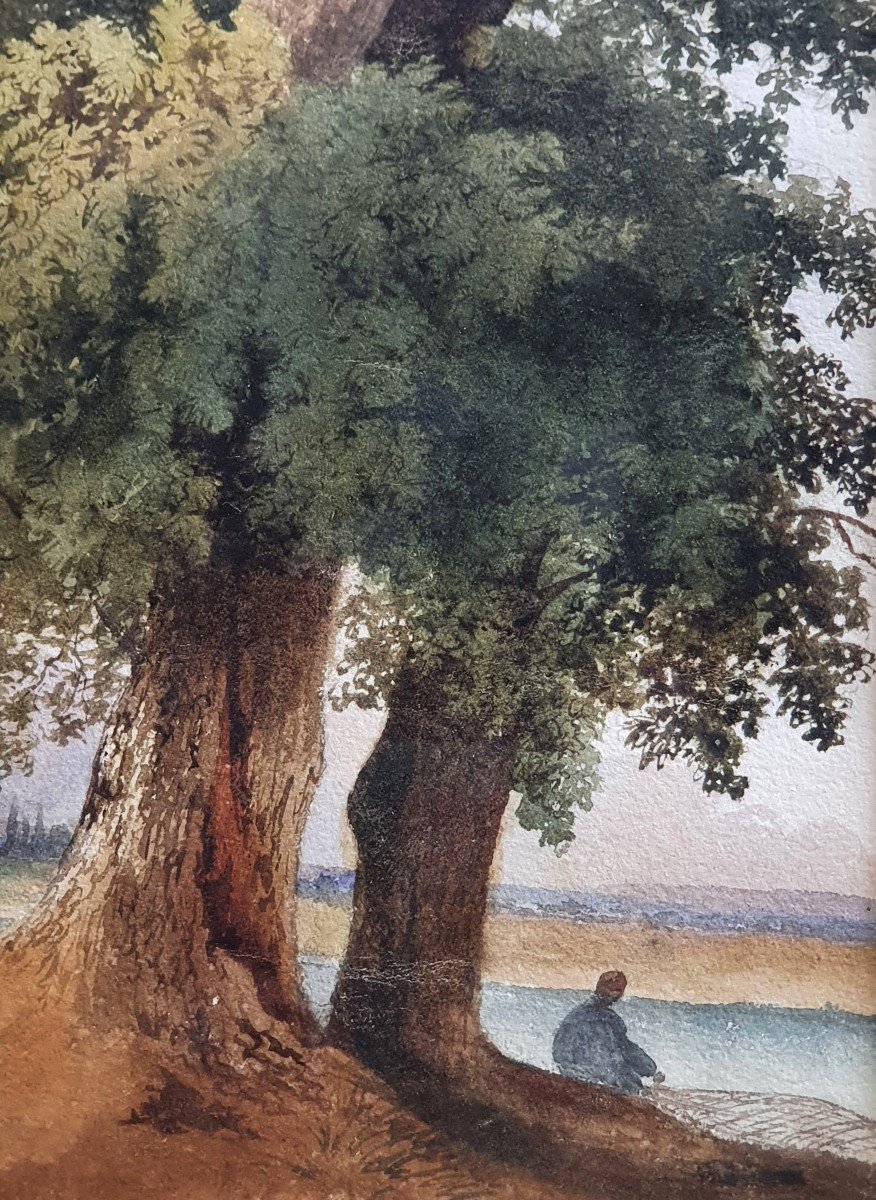 Fisherman With A Net At The Water's Edge Watercolor Circa 1840-photo-4