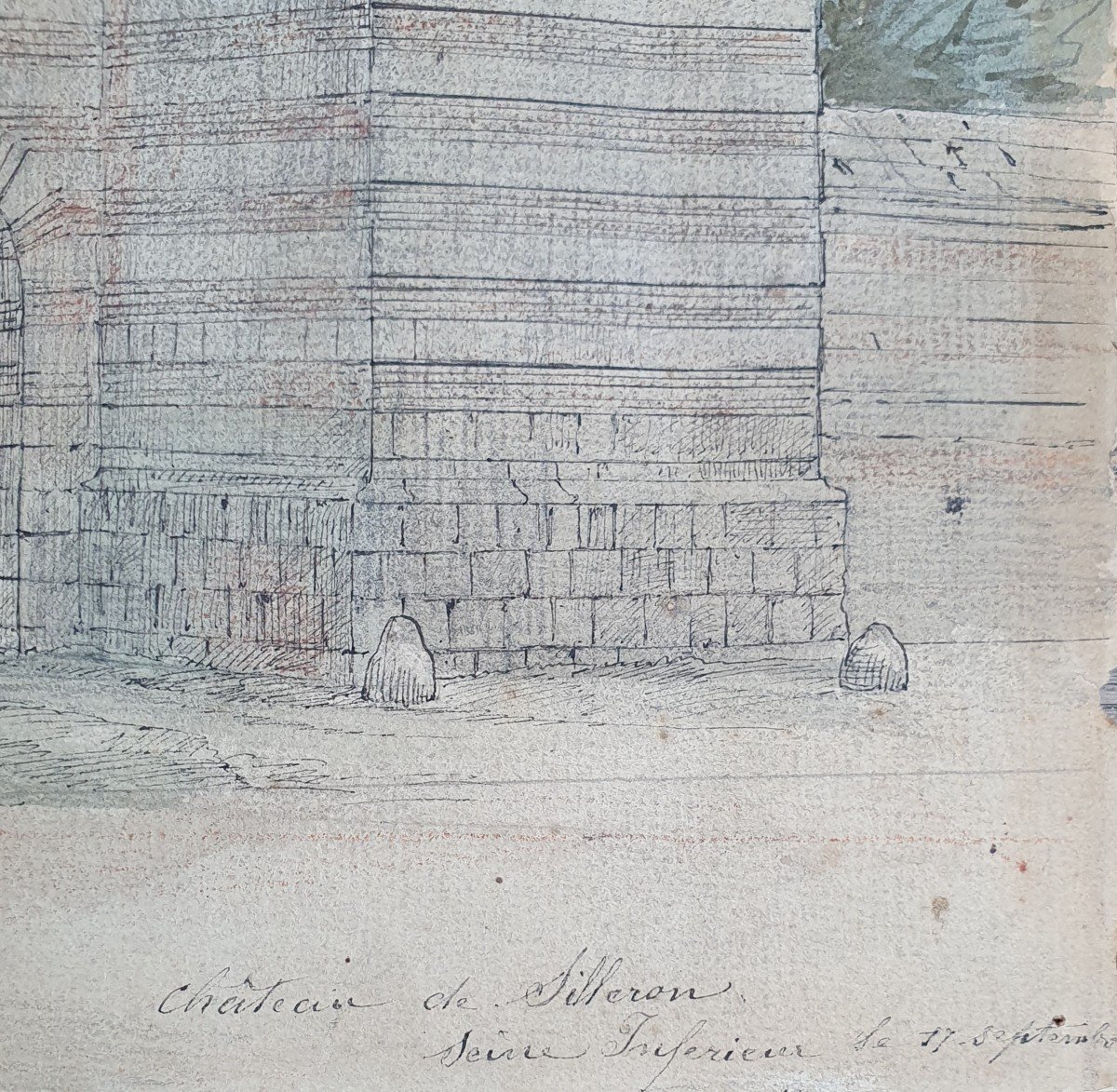 Angiens Château De Silleron Entrée De La Cour d'Honneur Aquarelle Et Plume Vers 1880 Normandie -photo-1