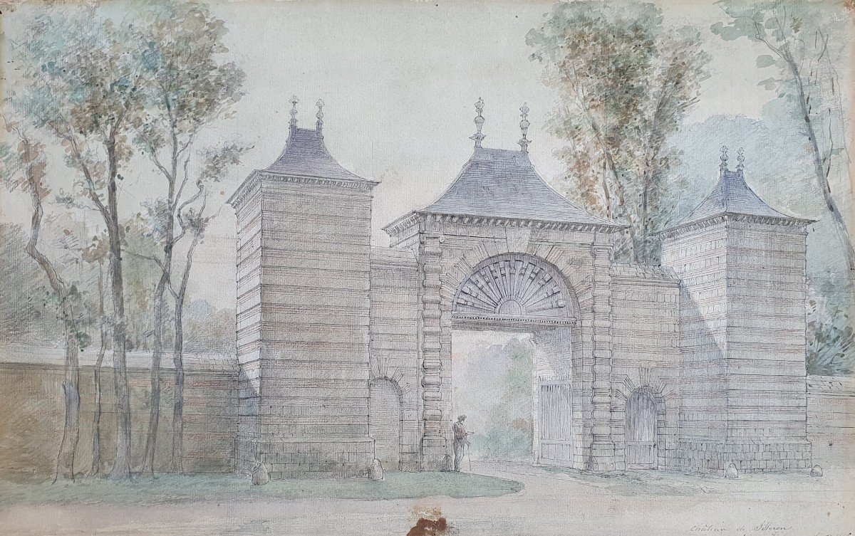 Angiens Château De Silleron Entrée De La Cour d'Honneur Aquarelle Et Plume Vers 1880 Normandie 