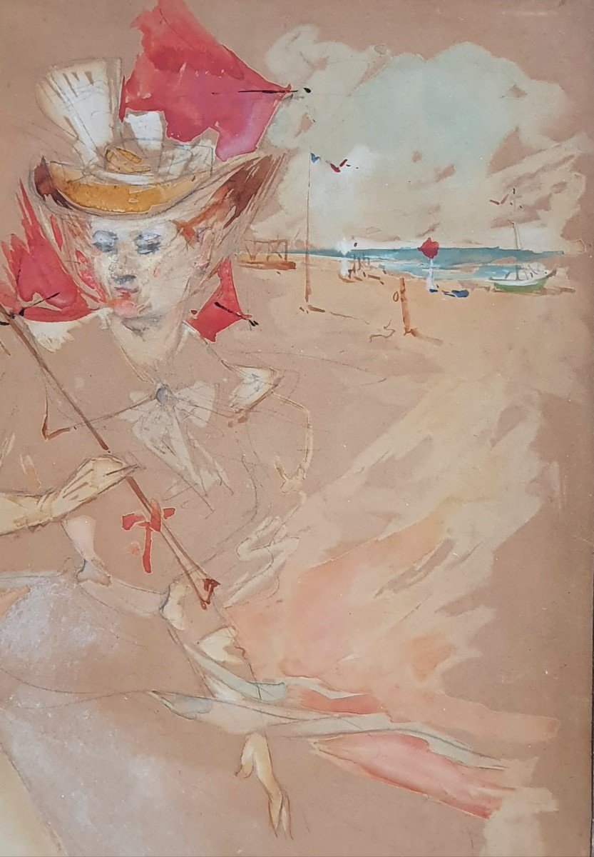 Jules Chéret Woman With A Parasol At The Normandy Beach Gouache And Watercolor-photo-1
