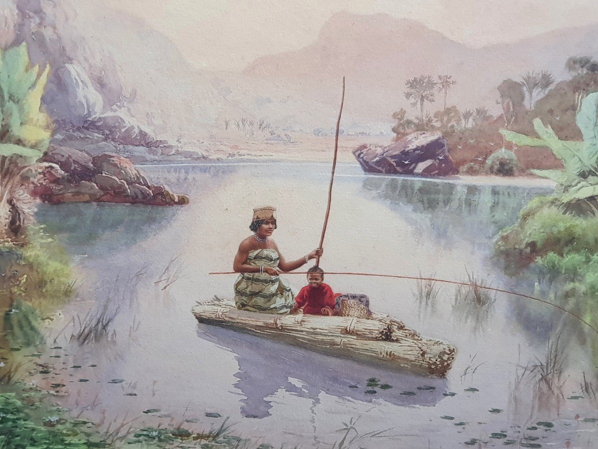 Emile Ralambo Animated Lake Scene In Madagascar Watercolor And Gouache Early 20th Century-photo-3