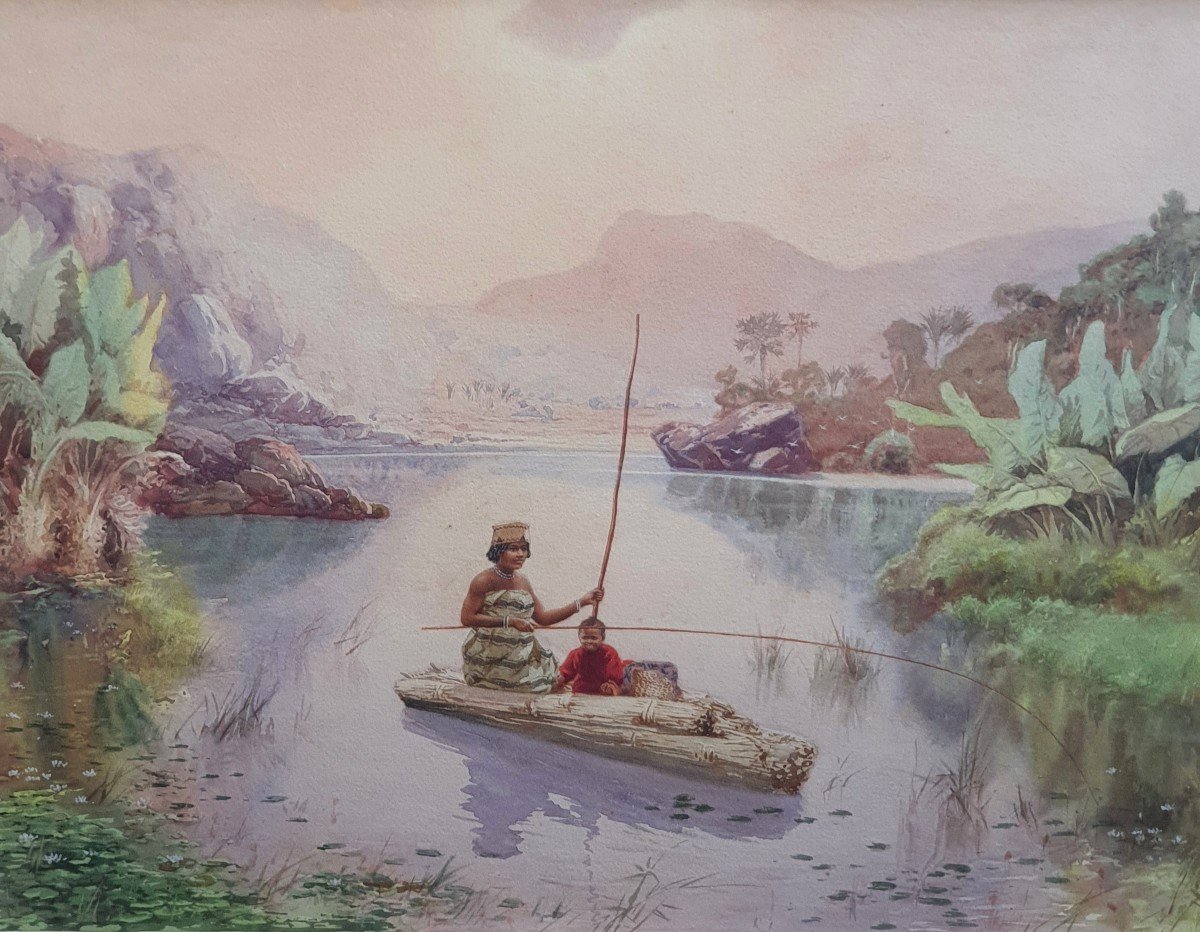 Emile Ralambo Animated Lake Scene In Madagascar Watercolor And Gouache Early 20th Century-photo-4