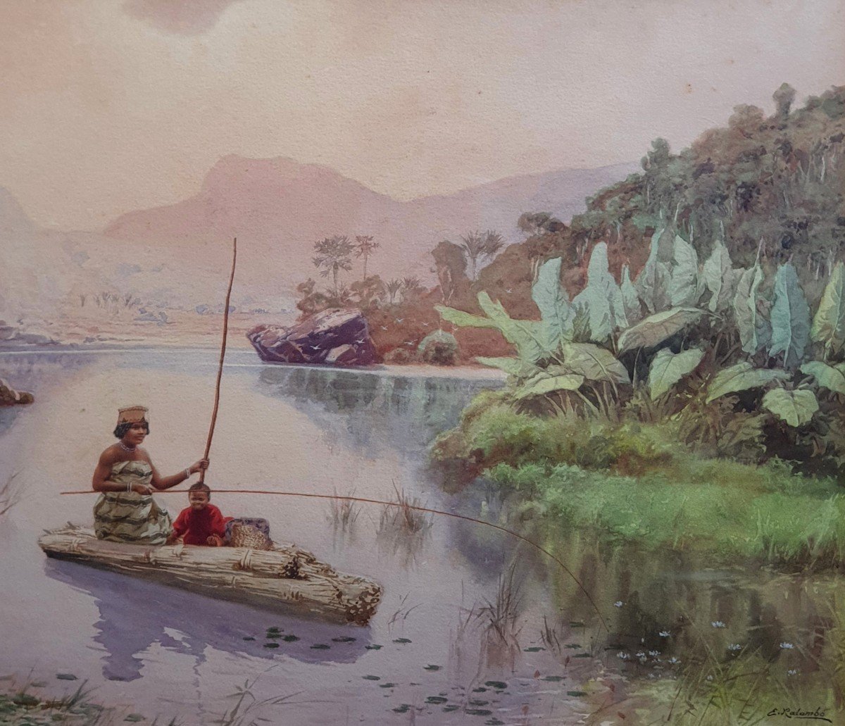 Emile Ralambo Animated Lake Scene In Madagascar Watercolor And Gouache Early 20th Century-photo-1