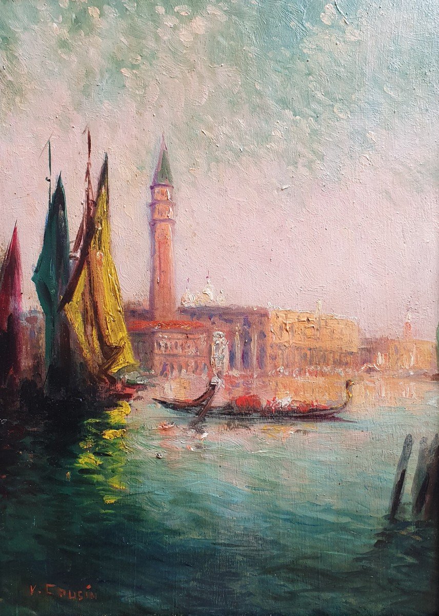 View Of Venice Oil On Panel Around 1900 Beautiful Frame Signed V Cousin-photo-2