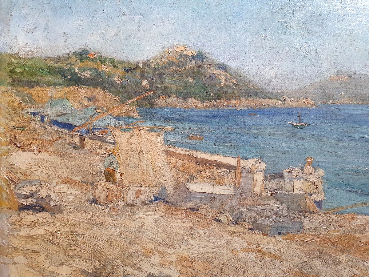 Bord De Mer En Méditerranée Huile Sur Toile 1892 Signature à Identifier Toulon Nice -photo-2