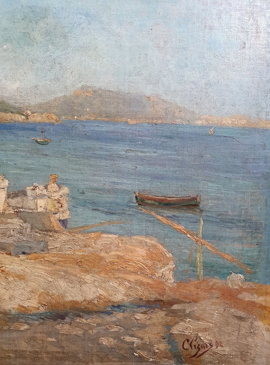 Bord De Mer En Méditerranée Huile Sur Toile 1892 Signature à Identifier Toulon Nice -photo-3