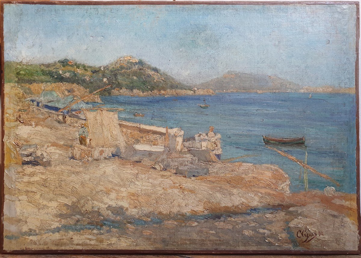 Bord De Mer En Méditerranée Huile Sur Toile 1892 Signature à Identifier Toulon Nice -photo-3