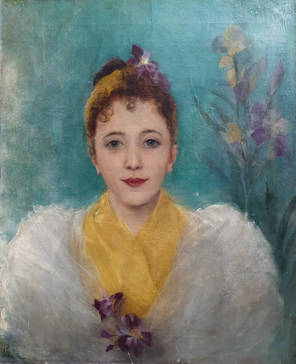 Portrait Of Woman With Flowers Art Nouveau Oil On Canvas Monogram R Late 19th Century