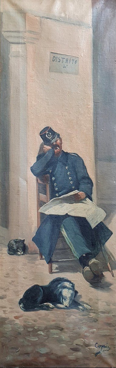 Guardia Civil Gendarme Assoupi Avec Un Chien Et Un Chat Huile Sur Toile Vers 1900 Madrid ?