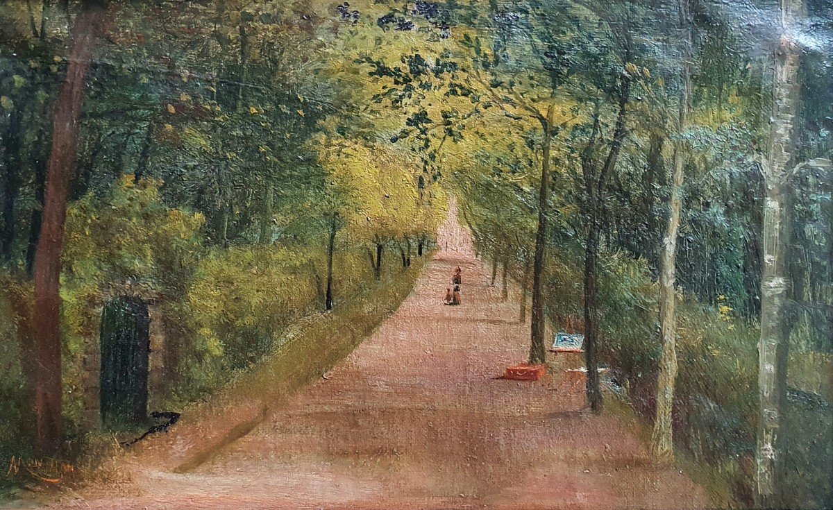 Alley Of Trees At Easel Oil On Canvas Late 19th Century