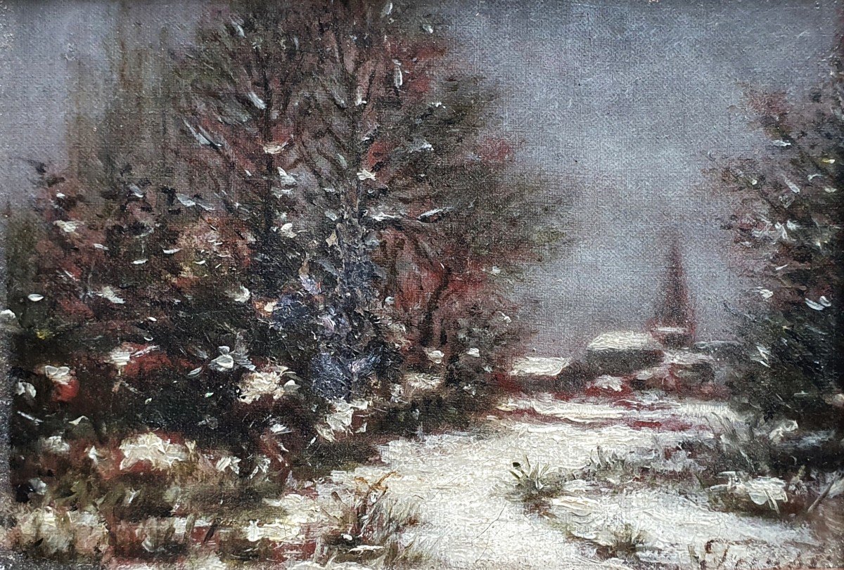 Paysage De Neige Du XIXème Siècle Petite Huile Sur Toile Signée Faust 