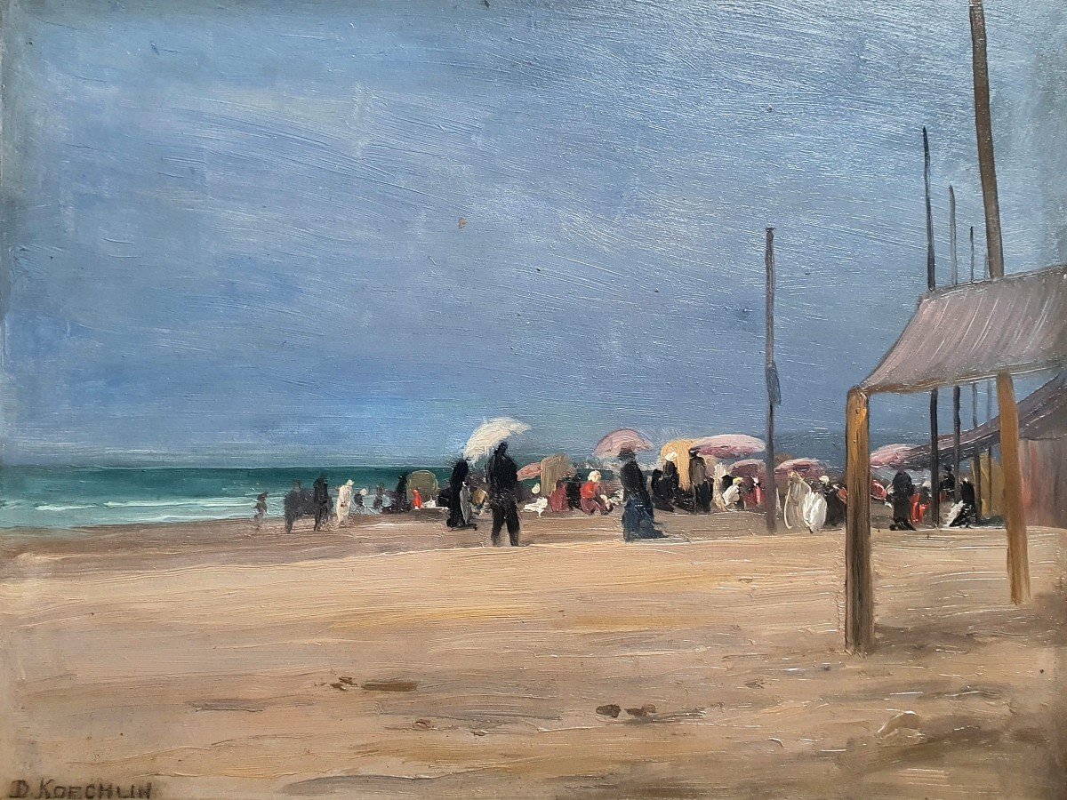 Daniel Koechlin The Beach Of Villers Sur Mer Oil On Panel Normandy Impressionism 