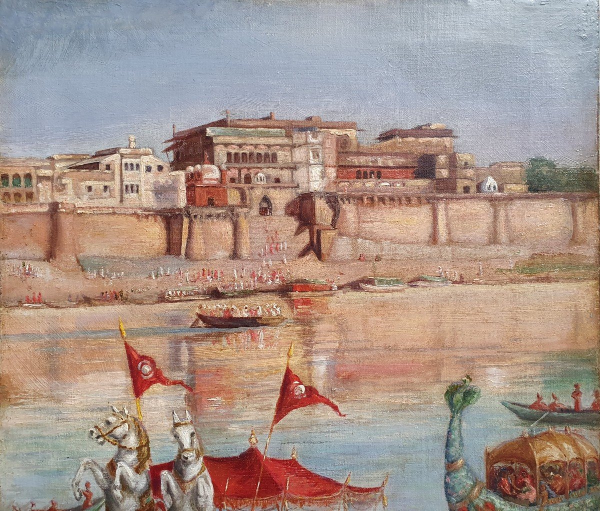 Vue De Bénarès Ou Varanasi Maharaja sur son bateau Le Fort Ramnagar Huile Sur Toile Inde XIXème-photo-4