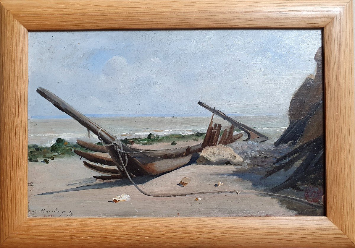 Emile Louis Thivier Boat On The Beach At Villerville Normandy Oil On Panel 19th Century-photo-2