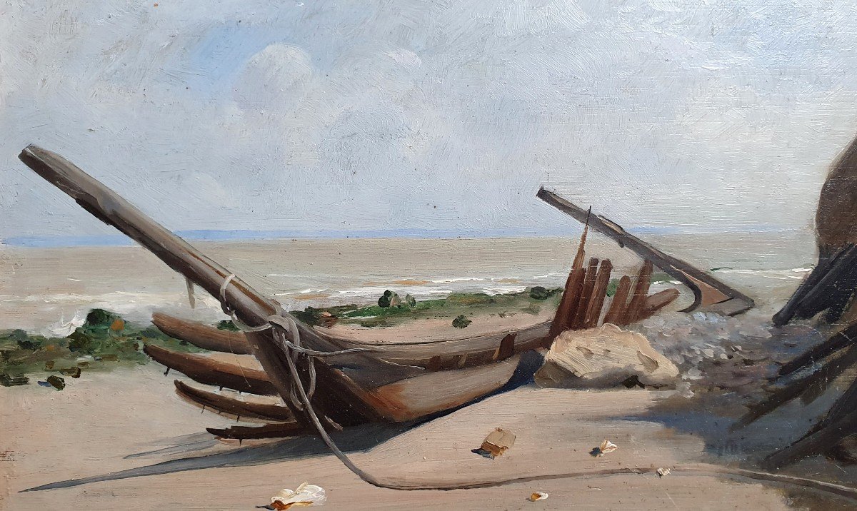 Emile Louis Thivier Boat On The Beach At Villerville Normandy Oil On Panel 19th Century-photo-3