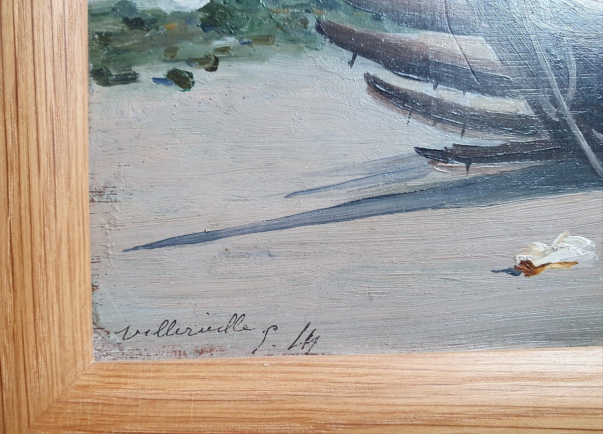 Emile Louis Thivier Boat On The Beach At Villerville Normandy Oil On Panel 19th Century-photo-4