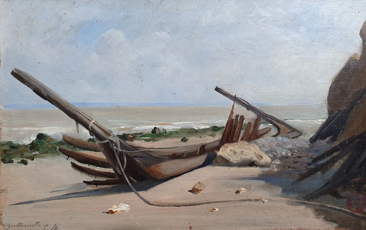 Emile Louis Thivier Boat On The Beach At Villerville Normandy Oil On Panel 19th Century