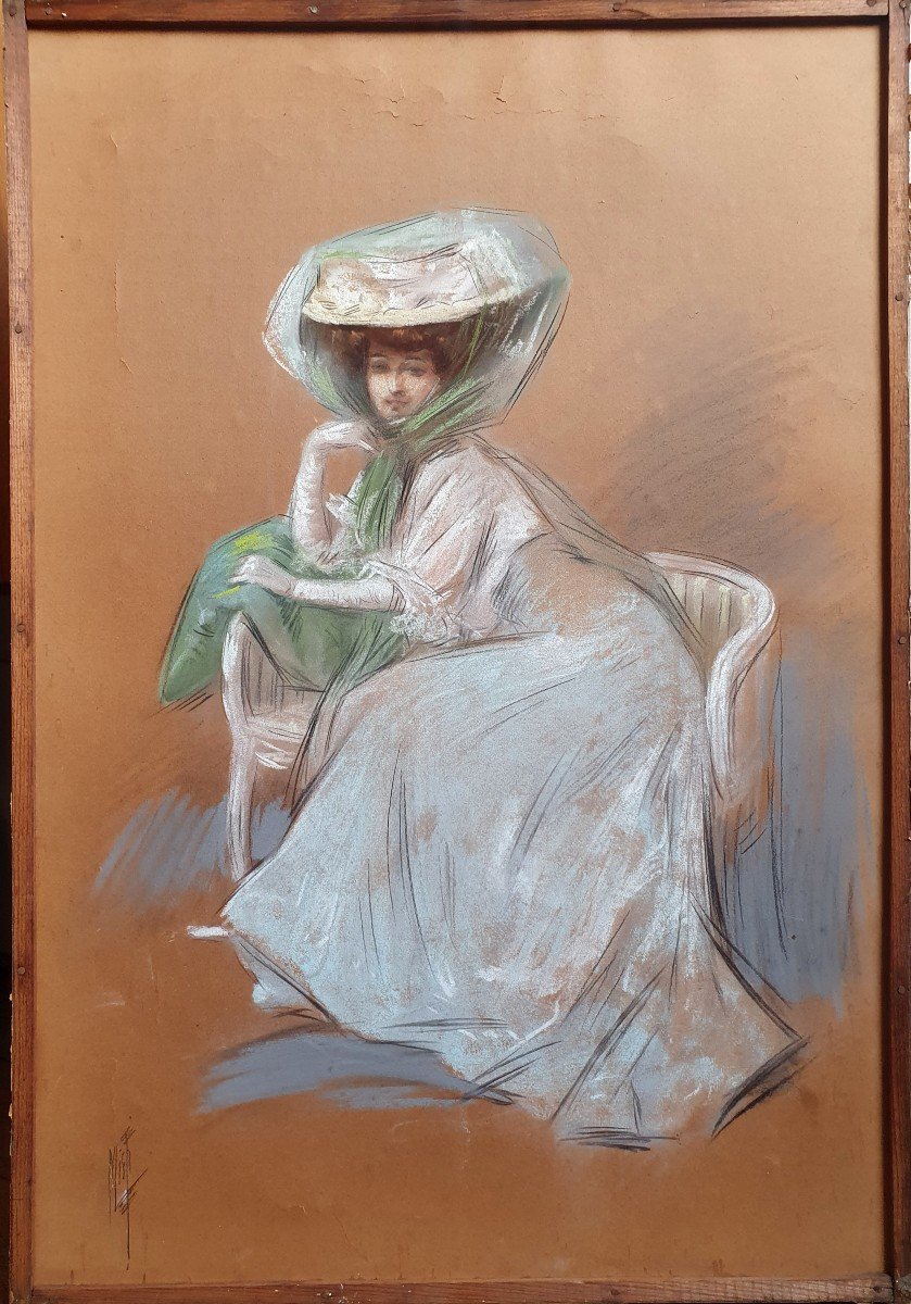 Ferdinand Mifliez Elegant Misti Seated On A Bench Pastel On Paper -photo-2